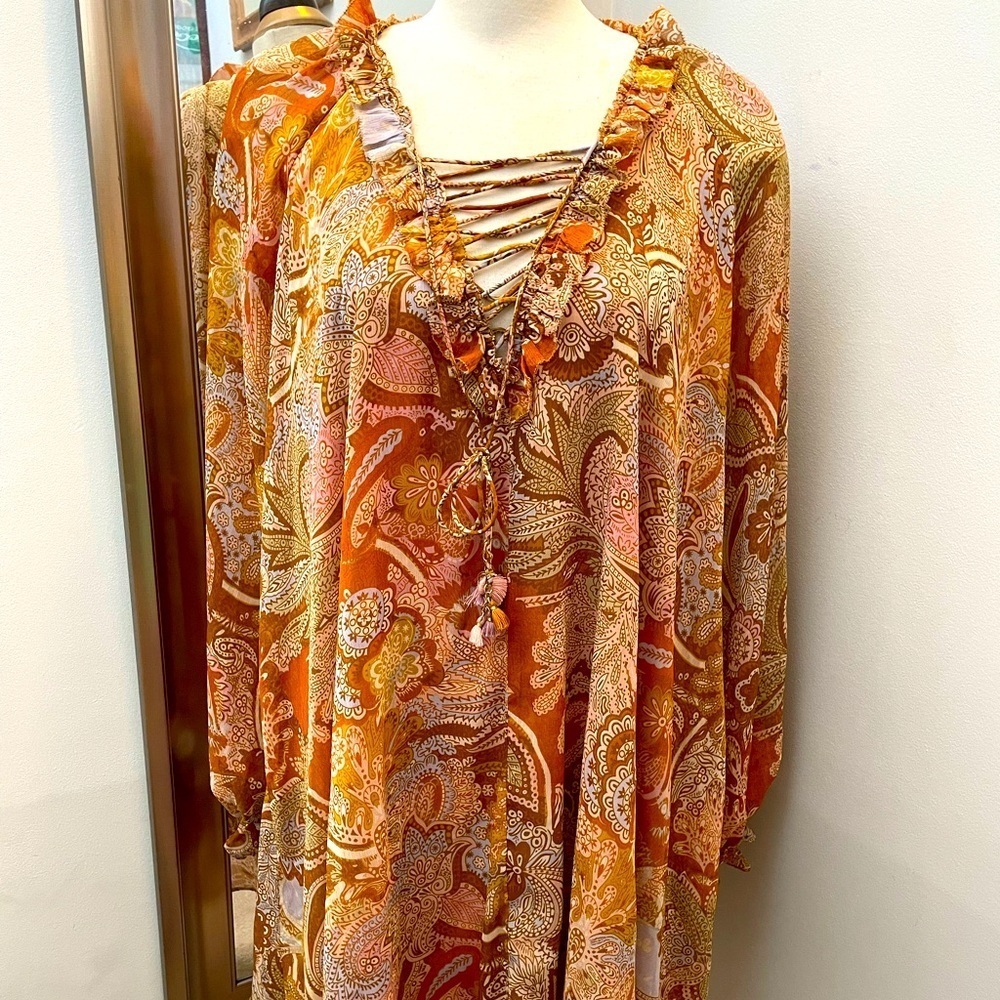 House of Harlow 1960 shear chiffon lace up, frayed hems tunic dress size small.